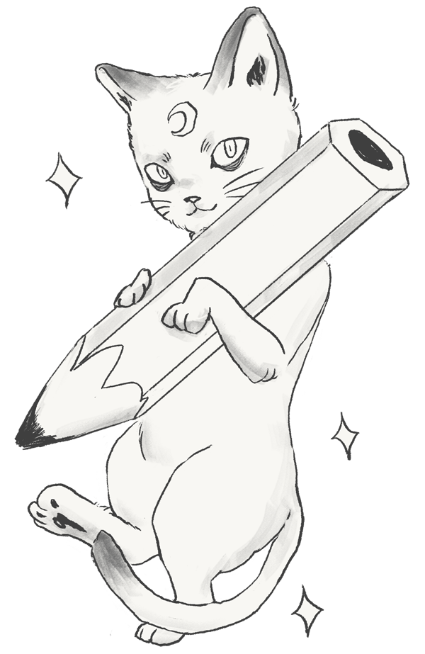 An illustration of a cat holding a pencil.